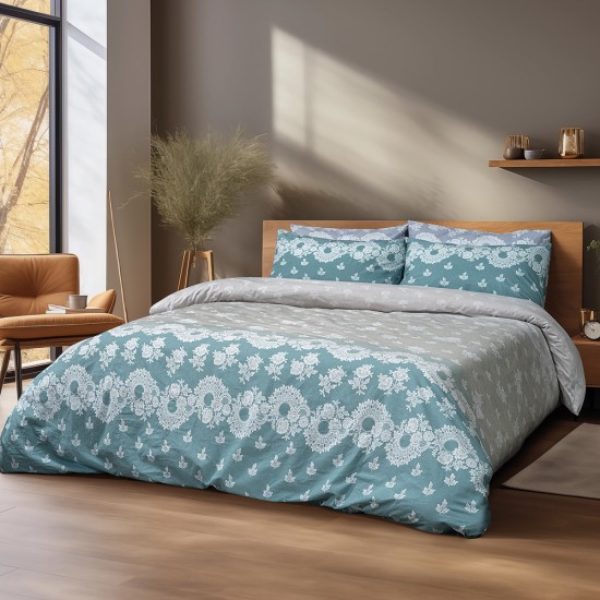 Beauty Home Σετ σεντόνια υπέρδιπλα με λάστιχο Palm Art 12186 170x200+30 Πετρόλ,Μπεζ