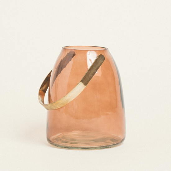 Beauty Home ΓΥΑΛΙΝΟ ΦΑΝΑΡΙ ΜΕ ΜΕΤΑΛΛΙΚΗ ΛΑΒΗ 14 x 16,5 CM ΜΠΕΖ