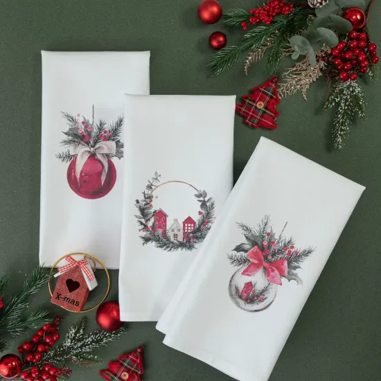 Ποτηρόπανα Κουζίνας Χριστουγεννιάτικα Christmas Ball Σετ 3ΤΜΧ - Λευκό - Διάσταση: (3) 50 x 70 cm