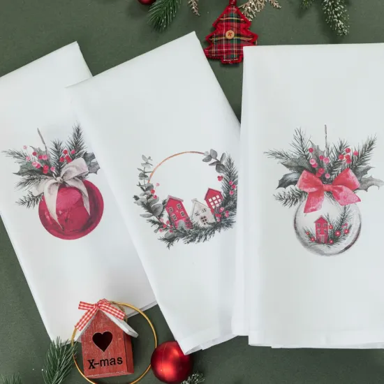 Ποτηρόπανα Κουζίνας Χριστουγεννιάτικα Christmas Ball Σετ 3ΤΜΧ - Λευκό - Διάσταση: (3) 50 x 70 cm