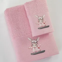 Πετσέτες Σετ 2ΤΜΧ Snowboard Ροζ - Ροζ - Διάσταση: 70 x 120 / 30 x 50 cm