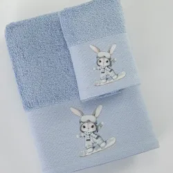 Πετσέτες Σετ 2ΤΜΧ Snowboard Σιέλ - Σιέλ - Διάσταση: 70 x 120 / 30 x 50 cm