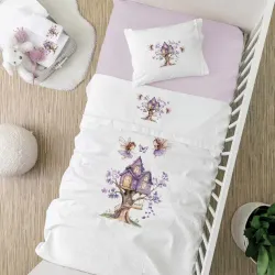 Σεντόνια Κούνιας Σετ Magic Garden - Λευκό-Λιλά - Διάσταση: (2) 120 x 160 cm + 30 x 40 cm